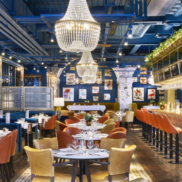 Chandeliers and glamorous dining at the Granary Square Brasserie, King's Cross